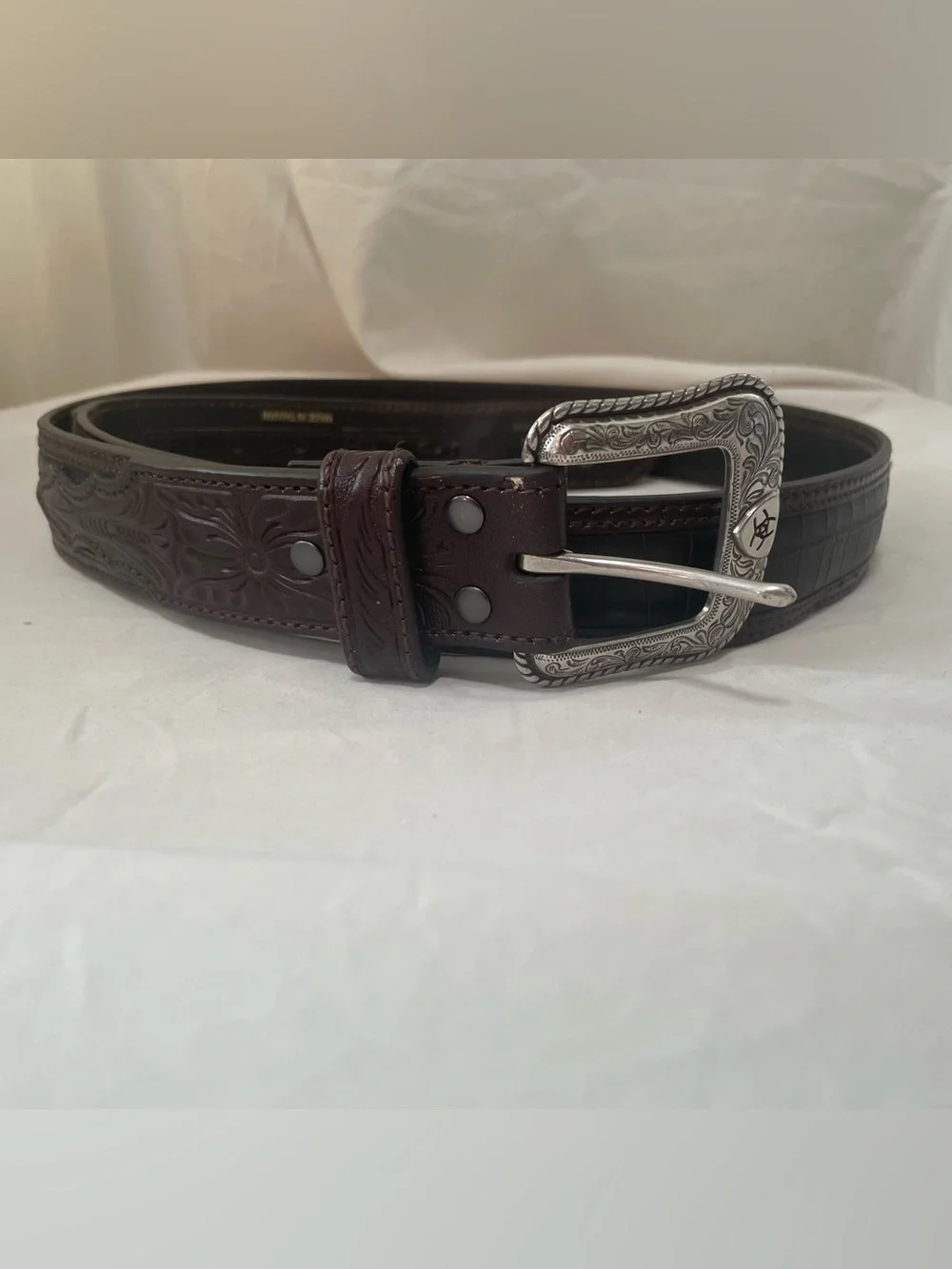 Ariat Brown Leather Tooled Western Belt with Silver Buckle